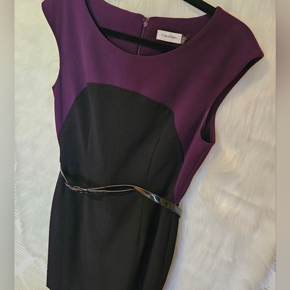Calvin Klein Classic Plum Lined Colorblock Belted Dress - Picture 2 of 7